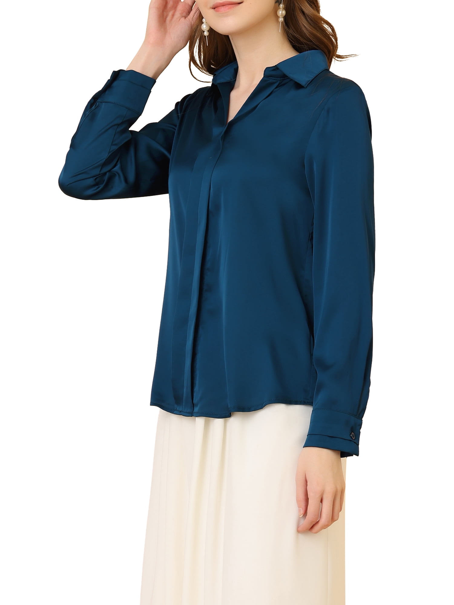 DARING DIVA Women's V Neck Classic Work Office Long Sleeve Shirt S Deep Blue