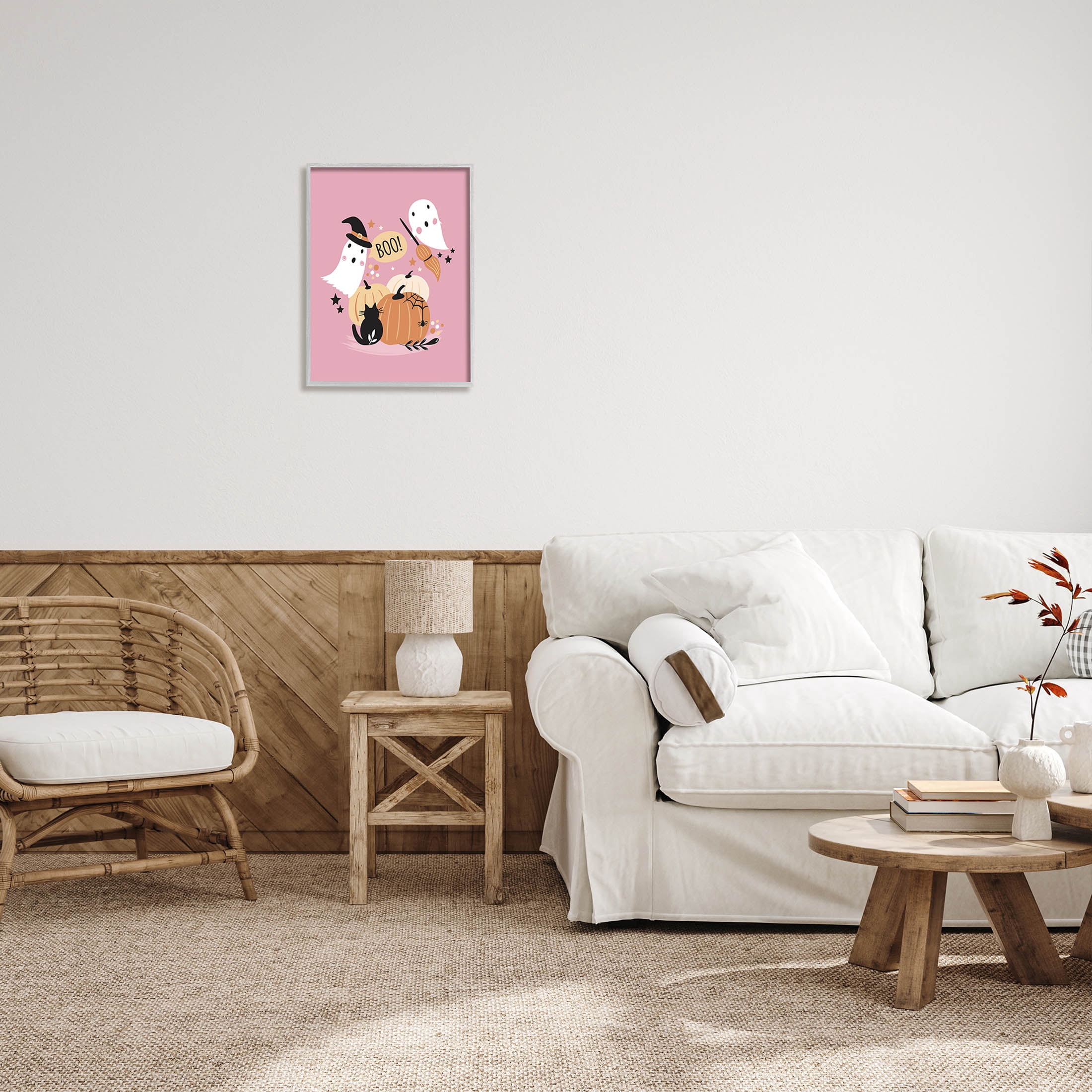 Pink Boo Halloween Ghosts Holiday Graphic Art Gray Framed Art Print Wall Art