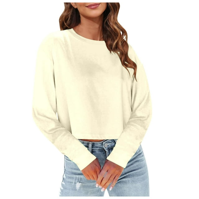 SNKSDGM Hauts à Manches Longues pour Femmes 2026 Hauts d'Entraînement à Manches Longues pour Femmes Grande Taille Mode Femmes Décontracté Uni Col Rond T-Shirt Court à Manches Longues Haut m