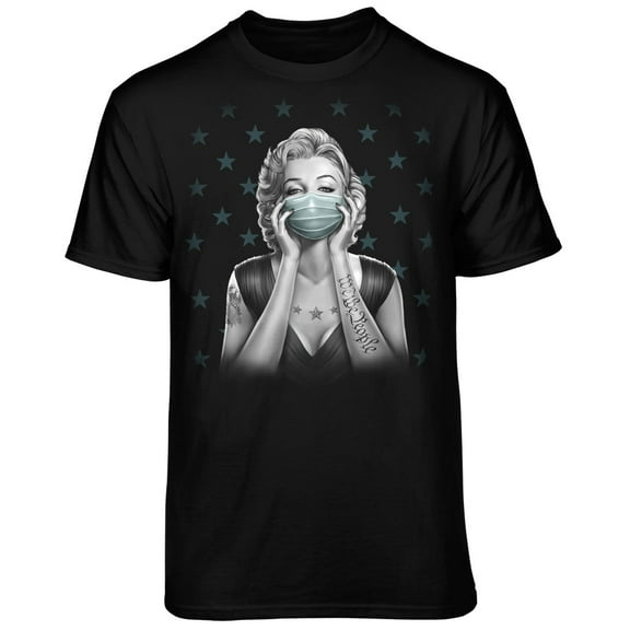 Teelocity Men's Tattoo Marilyn We the People Pinup Girl in Mask Black Relaxed Fit Short Sleeve Graphic T-Shirt