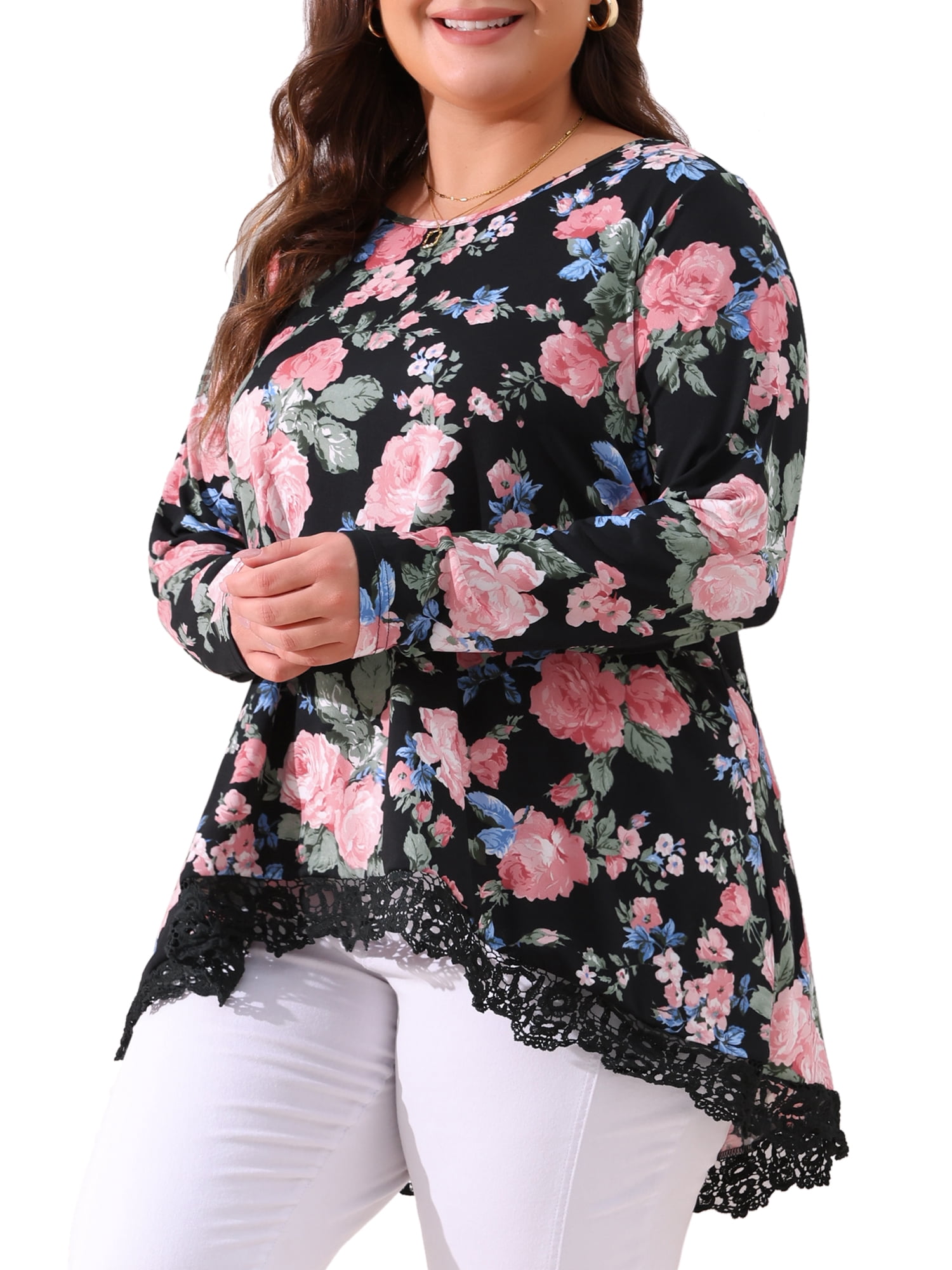 DARING DIVA Women's Plus Size Crew Neck Lace Trim A-Line Floral Blouse 3X Black