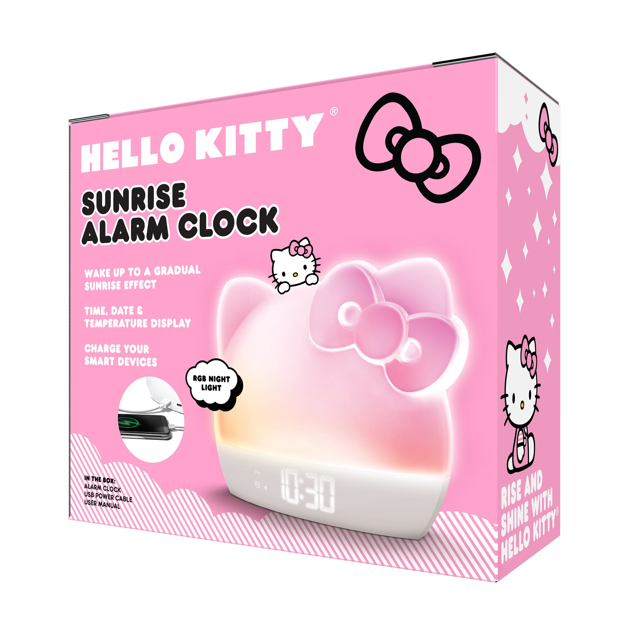 Hello Kitty Sunrise Alarm Clock with Wake-Up Light, RGB Color-Changing Night Light & Ambient Lamp, LED Time/Date/Temperature Display, USB Powered with Device Charging Port (White)
