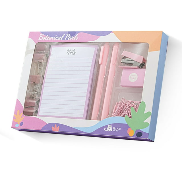 yeacher Pink Office Essentials Set: 7 Binder Clips, 50-Page Notebook, 2 Pens, Stapler, 400 Staples, 40 Paper Clips
