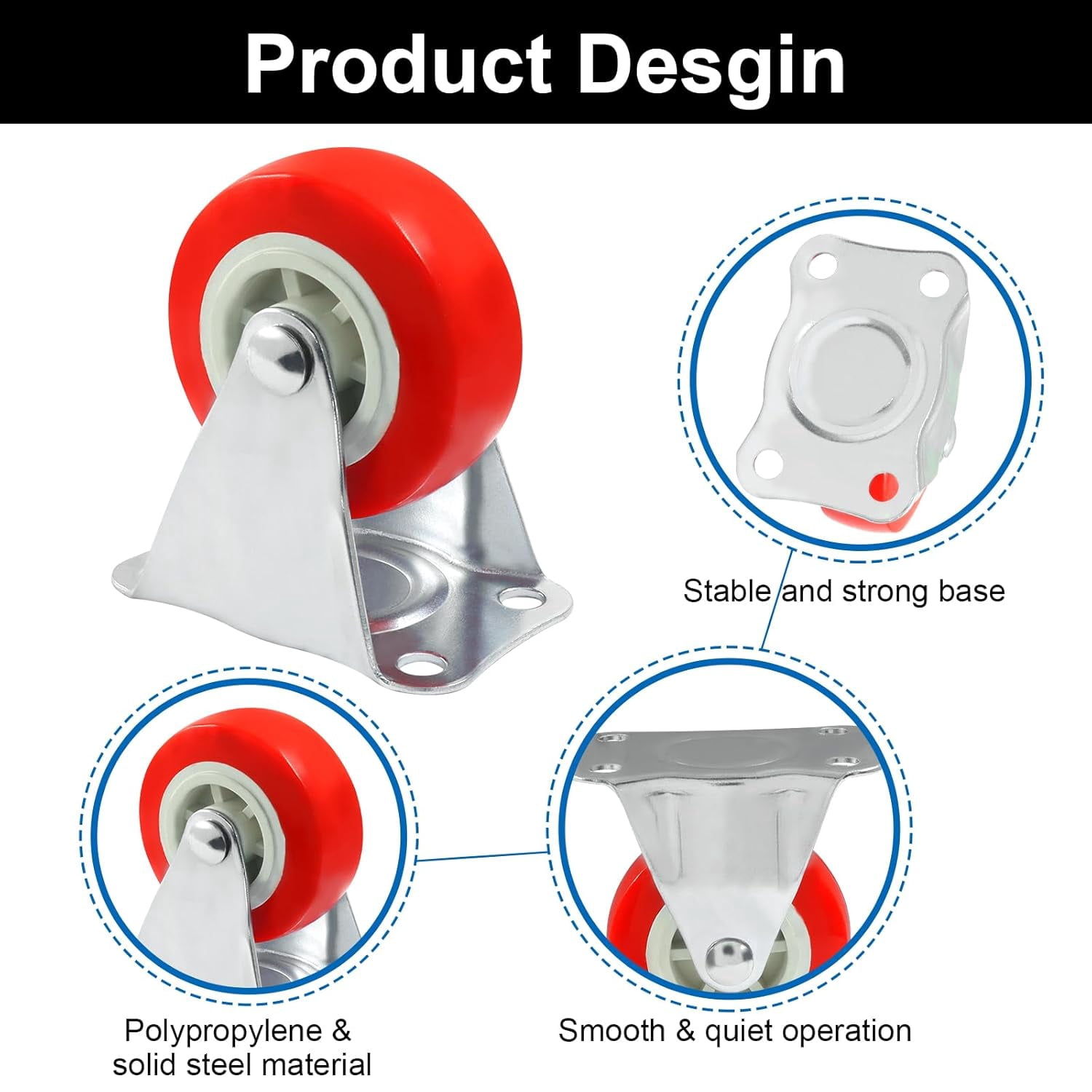 FRKSMD-6 Pack Rigid No-Swivel Plate Caster Wheels, 2 inch Hard Rubber Caster Wheels with Screws, Red Plate Casters for Furniture, Workbench