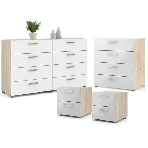 Pemberly Row 4PC Set 2 Nightstands 1 Double Dresser & 1 Chest in Oak & White