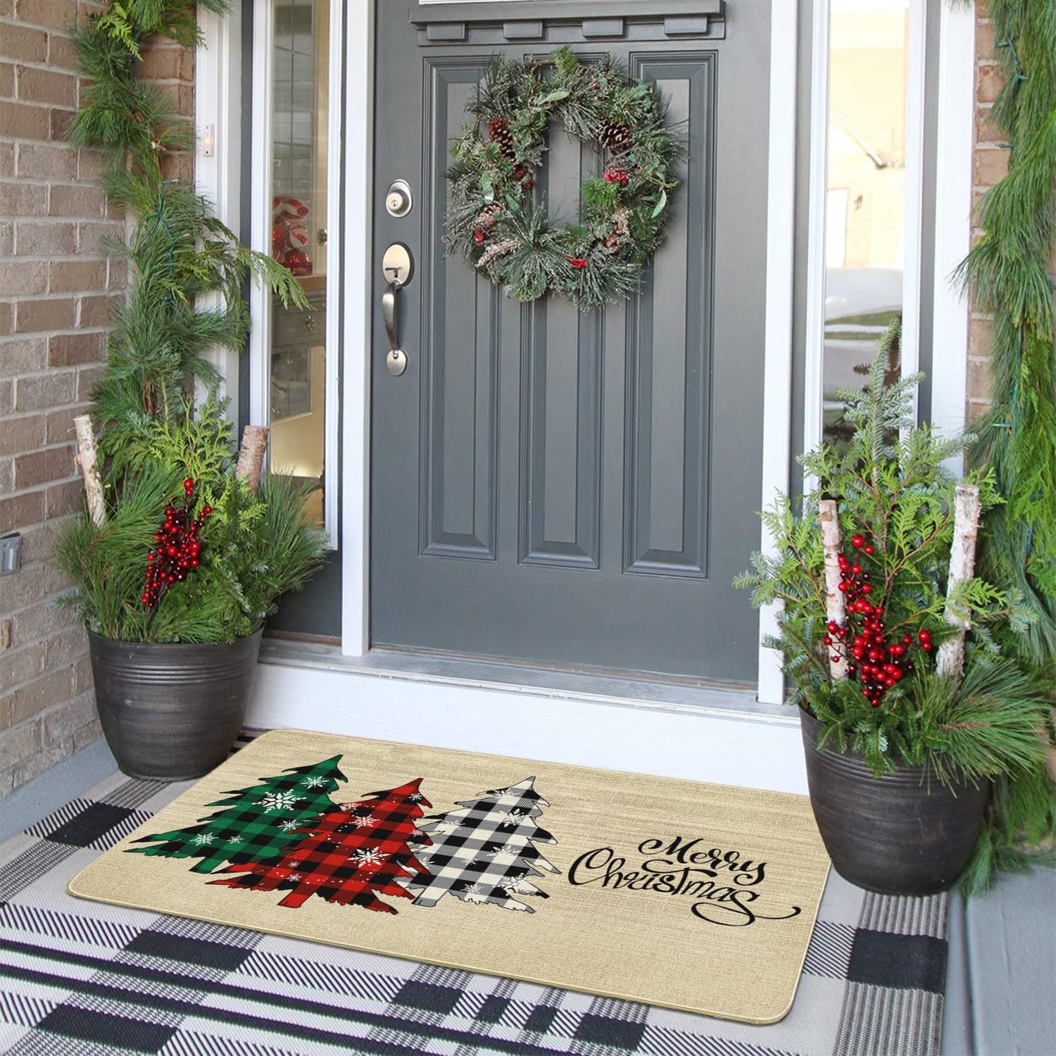 Christmas Snowman Front Door Mat, PVC Leather Door Mats Outdoor/Indoor  Welcome Mat, Let Snow Winter Snowflake Red Black Plaid Floor Mats Non-Slip