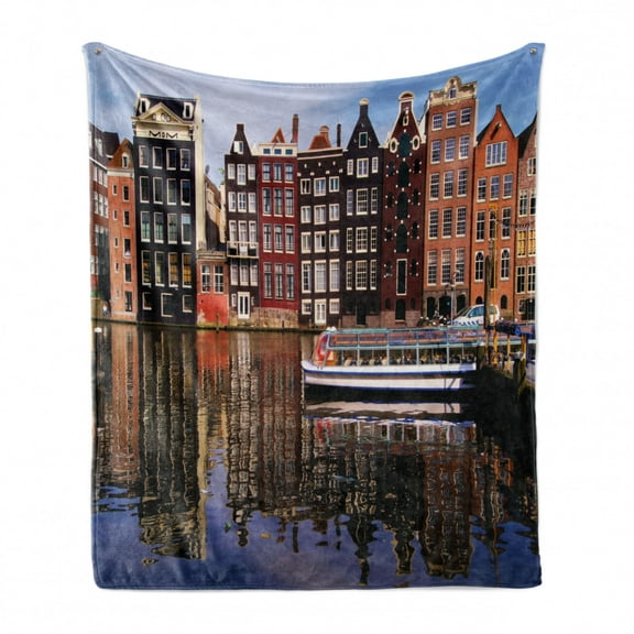 Amsterdam Soft Flannel Fleece Blanket, Traditional Antique Houses with Reflections in the Canal Sightseeing Travel Theme, Cozy Plush for Indoor and Outdoor Use, 60" x 80", Multicolor, by Ambesonne