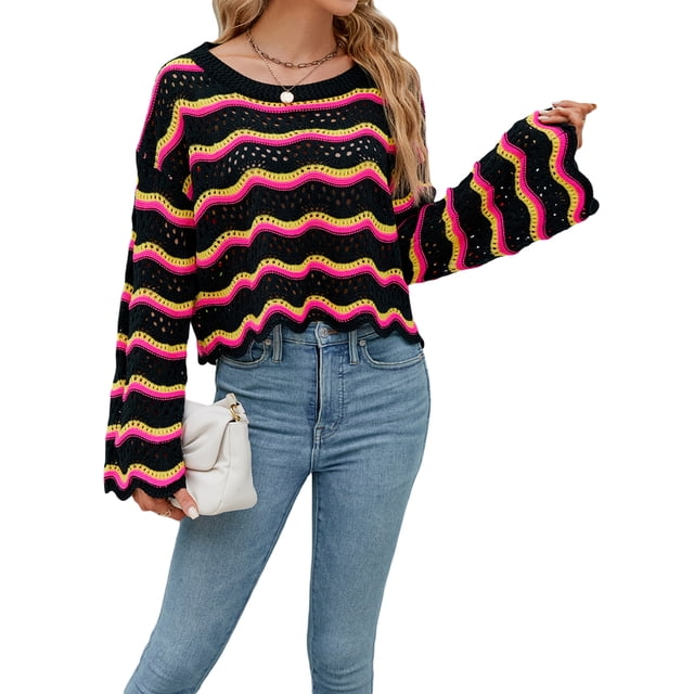 xiaxaixu Pull Tricoté pour Femmes Manches Longues Col Rond Creusé Vague Automne Mode Urbaine