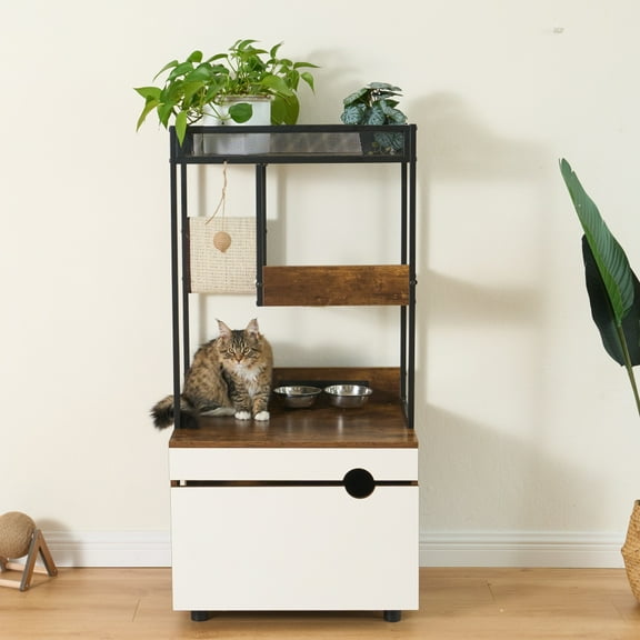 Tcbosik Cat Litter Box Enclosure, Hidden Litter Box Furniture with Cat Tree Tower and Scratching Pad, Hidden Cat Washroom with Cat Bowls, Indoor Cat House, White