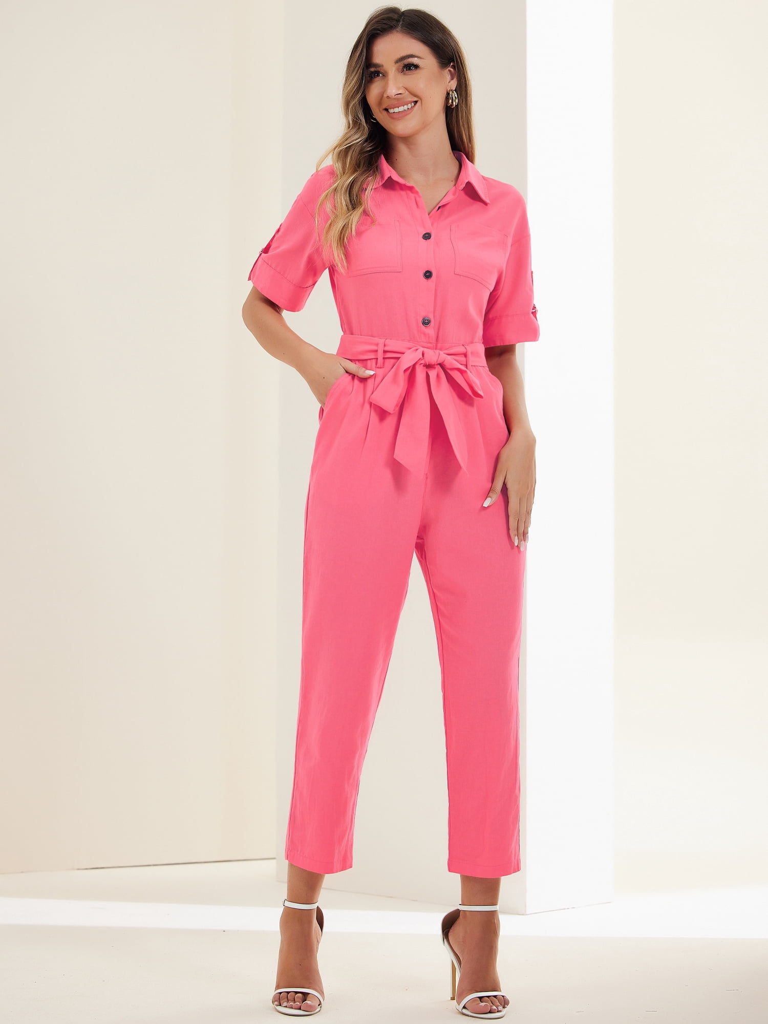 DARING DIVA Women's Button Up Tie Waist Jumpsuit with Pockets XS Watermelon Red