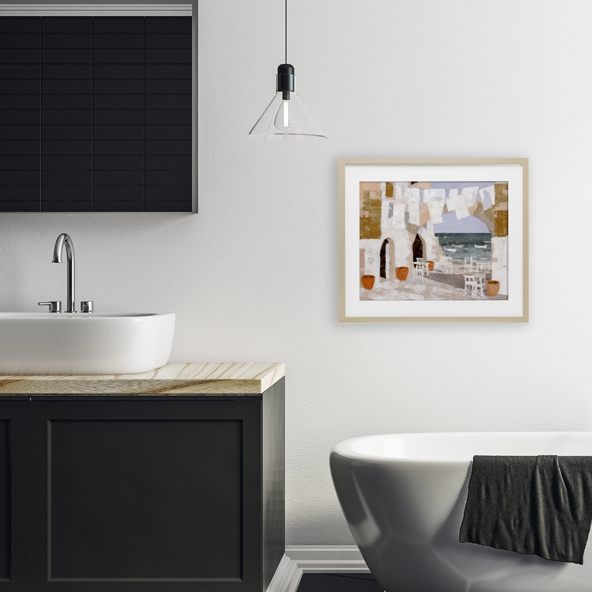 Stupell Industries Coastal Village Plaza Laundry Birch Framed Print Under Glass, design by Chromatic Storm Studio