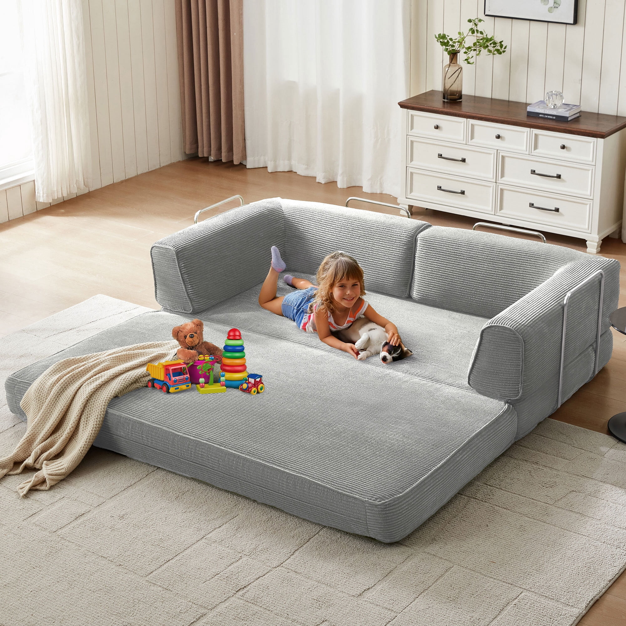 LINSY HOME Oversized Corduroy Futon Sofa Bed,  King Size Sleeper Sofa Bed for Living Room, Grey