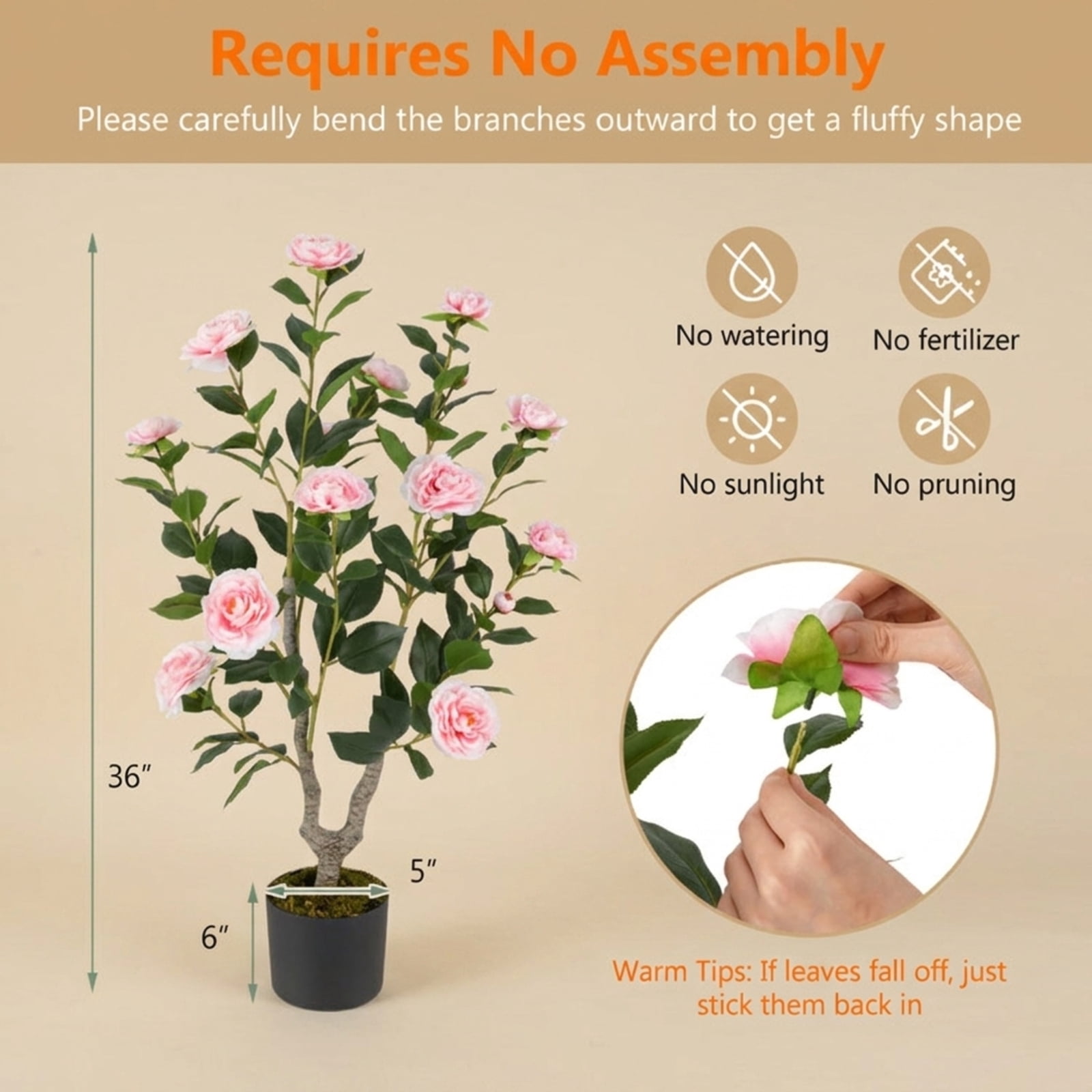 SUGIFT 36 Inch Artificial Camellia Tree with Blooming Flower, 2 Pack Faux Pink Flower Plant in Pot for Living Room Bedroom Decor, Pink + Green,
