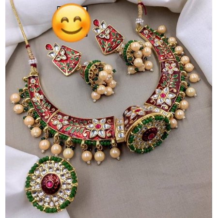 Parshwa Creations Women's Indian Gold Plated Jewelry Set, Traditional Meenakari Choker Rajput Hasli Necklace Earrings Rhinestone Kundan Pearl Stud Jewelry For, Wedding, Engagement & Festive Occasions