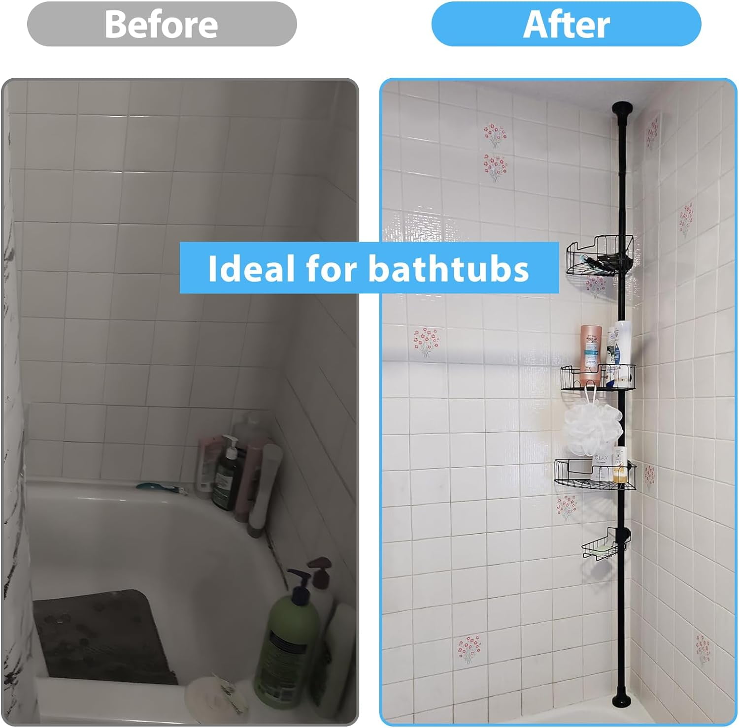 DEROFIT Shower Organizer Caddy 39-125" Stainless Steel Shower Shelves Rack for Inside Shower Bathroom Bathtub Caddy Rustproof Tension Pole Black