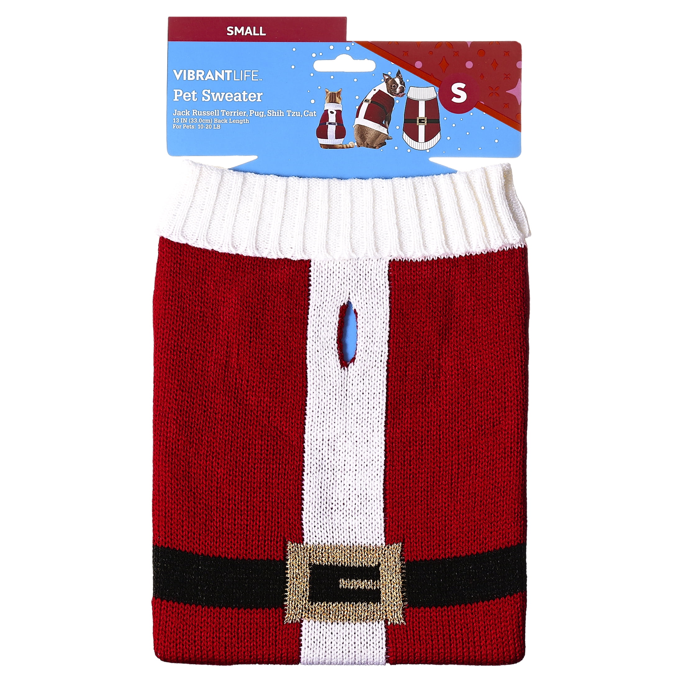 Vibrant Life Holiday Pet Sweater for Cats & Dogs, Santa, Red, Small