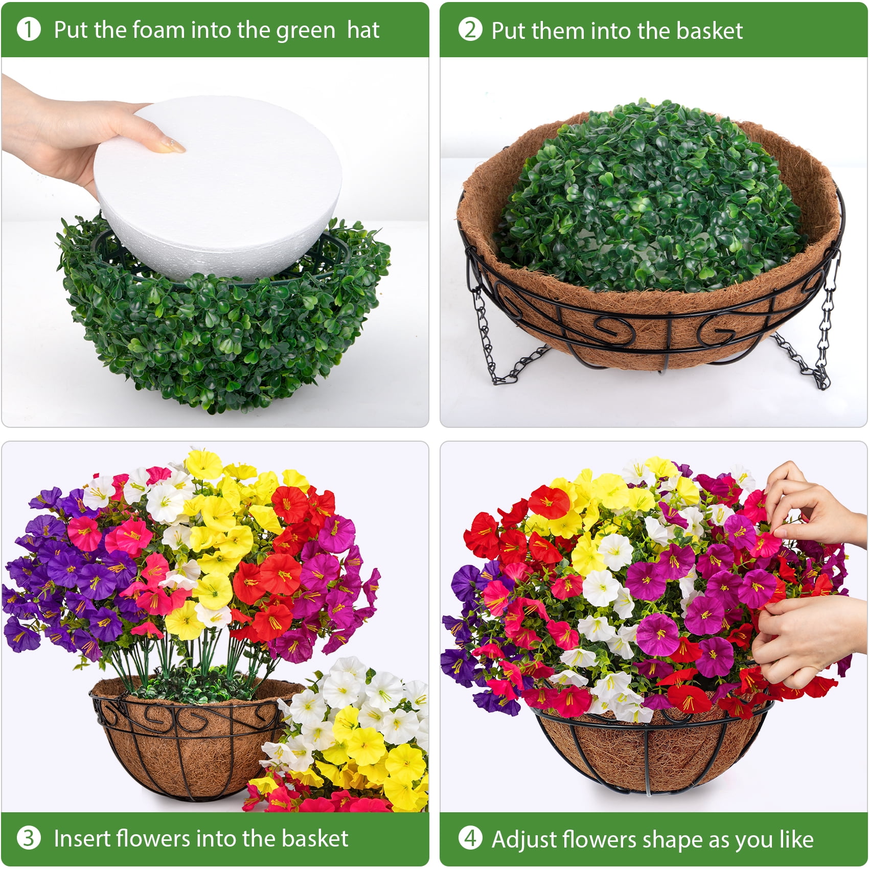 AcerichFad Artificial Hanging Flowers, 12 PCS Outdoors Fake Flowers Faux Plants with Coconut Lining Basket for Spring Summer Home Decoration, Multicolor