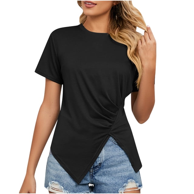 Besolor Tunique d'Été pour Femmes, Col Rond Tendance, Manches Courtes Plissées Irrégulières, Blouse pour Sorties