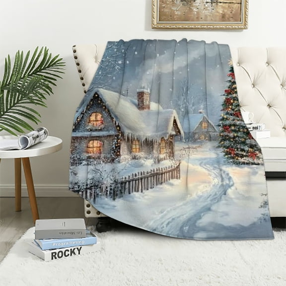 Pratyus Christmas Tree Snow Village Flannel Throw Blanket for Couch Sofa Bed, All Seasons Decor 40x50in