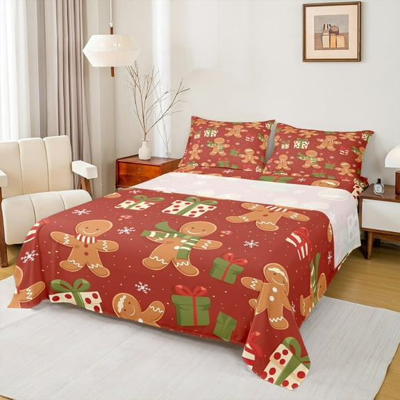 Manfei Child Gingerbread Man Twin Sheet Sets, Red Green Cartoon Twin Fitted Sheet, Kawaii Christmas Snowflake Flat Sheet, Ultra Soft Home Decor, 3pcs
