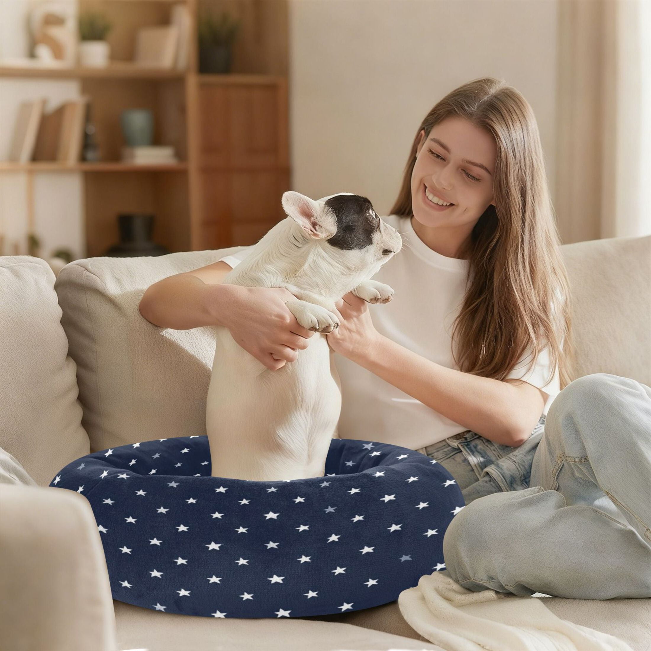 Iauyy Pet Couch Donut Cat Bed for Indoor Cats/Small Dogs Washable & Machine with Non-slip Bottom Calming Cat Furniture, White Star (S)