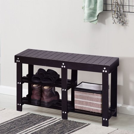 - Costway Solid Wooden Shoe Bench Storage Racks Seat Organizer Entryway Hallway Black