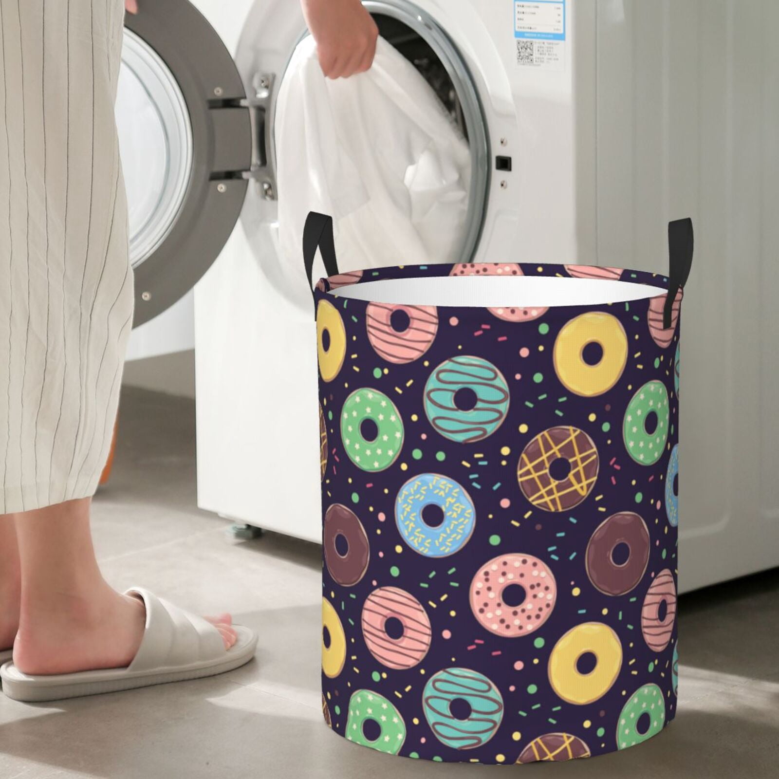 Large Laundry Basket with Handles - Donut Print No.9065 Kids Baby Dirty Clothes Laundry Hamper for Bedroom Aesthetic