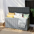 thumbnail image 3 of YKITRD Outdoor Storage Box 85 Gallon Resin Waterproof Deck Box Delivery Box with Wood Texture Large Storage Bin for Patio Cushions, (Grey), 3 of 8