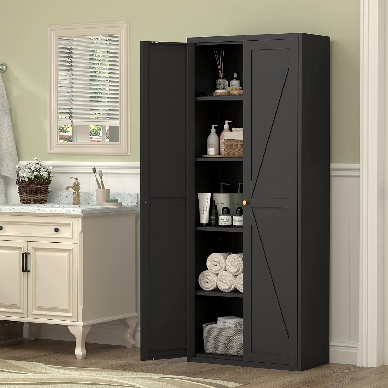 Howcool 71" 2-Door Steel Storage Cabinet with Adjustable Shelves for Kitchen Living Room Office, Black
