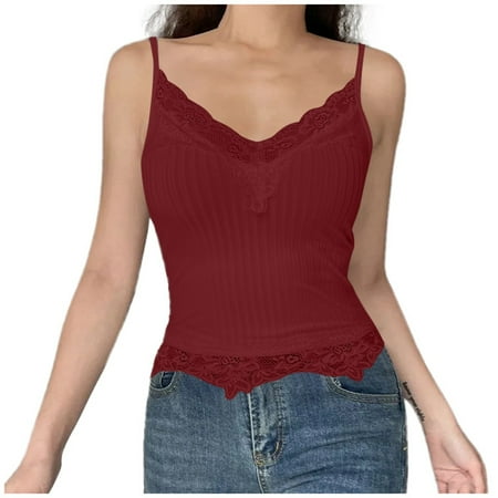 QYZEU Plus Size Tank Tops for Women Dressy Lace Trim Ribbed Deep V Neck Crop Camisole Sexy Slim Fit Sleeveless Tank Top Bodysuit Soft Breathable Lightweight Tops Red L