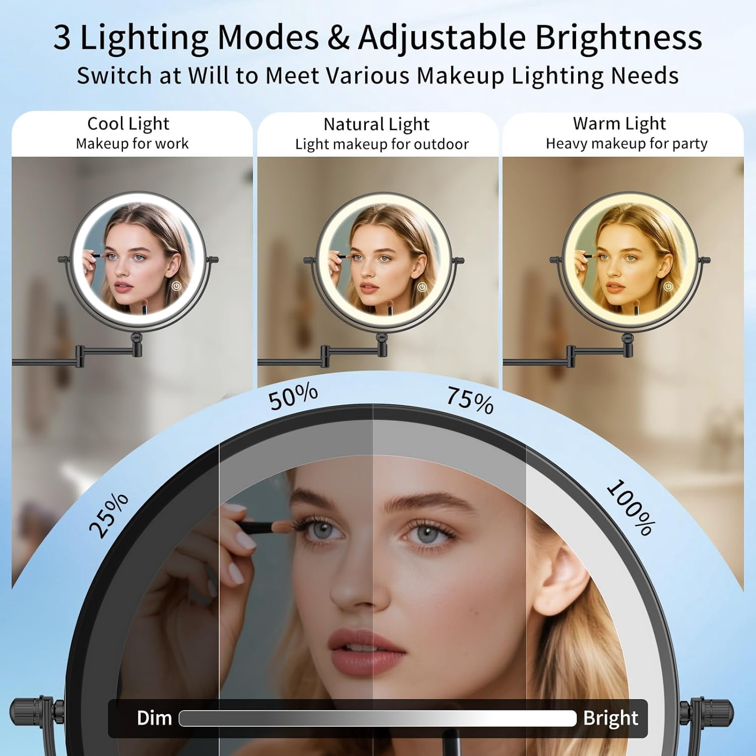 FUNTOUCH 9-inch 5000mAh Rechargeable Makeup Mirror with 1X/30X Magnification, Dimmable Razor Mirror in 3 Colors, Adjustable Height Makeup Mirror, 360° Rotatable, Wall Mirror for Bathroom and Hotel