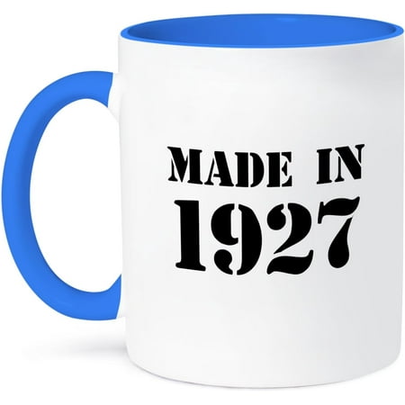 

MADE In 1927 Birth Year Text Fun black bday stamp with Year You Were born Two Tone Blue Mug 11 oz Blue/White