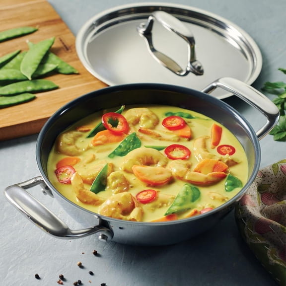 Utsava Tri-Ply Clad Stainless Steel 1.8-Quart Kadai with Lid and Ceramic Non Stick Interior, Induction-Ready Small Kadhai Pot for Indian Cooking