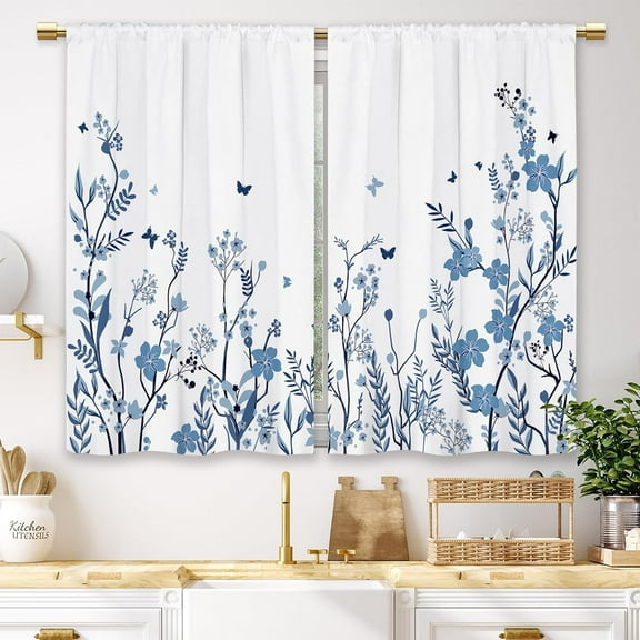 Watercolor Blue Flower Kitchen Curtains Floral Plant Small Short Cafe Window Curtains Botanical Leaves Rod Pocket Bathroom Window Drapes Treatment Tier Curtains 2 Panels (27.5x36 Inch)