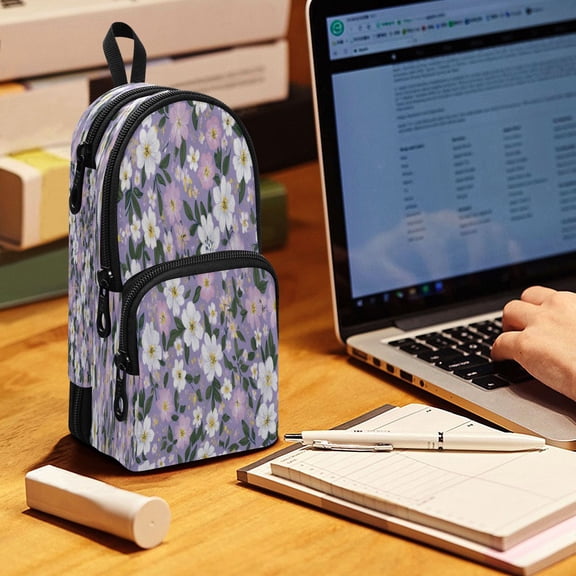 Backpack Pencil Case, 3 Compartment Large Capacity Oxford Fabric Pencil Pouch / Dainty Floral Seamless Print