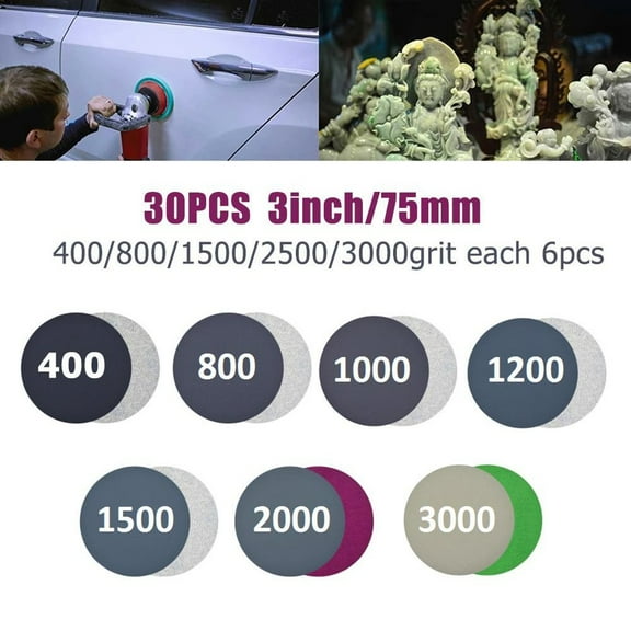 30 Pcs 3In Hook&Loop Wet/Dry Round Sanding Discs Abrasive Pads 400-3000grit