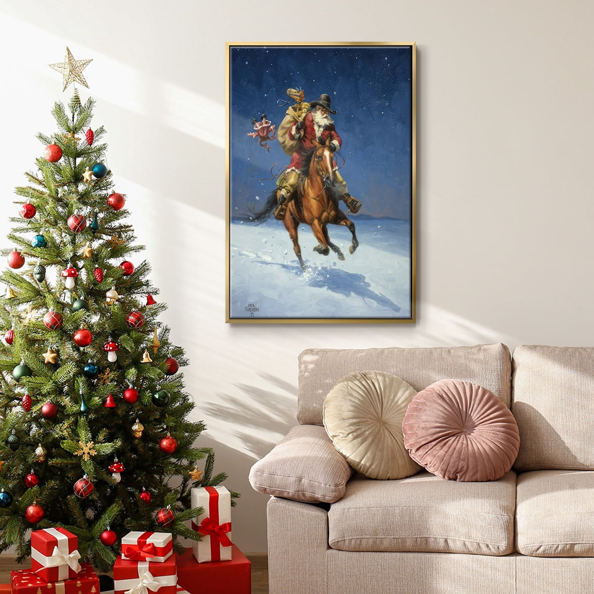 Midnight Rider - Framed Gallery Wrapped Holiday Canvas - 27 x 41 - Gold Frame