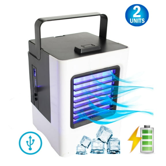 2 Premium Polar Personal Space Evaporative Air Conditioner Cooler - Portable Battery Powered, Power Bank - Charges Cell Phones, Humidifier & Fan (5-1) - Movable Vents