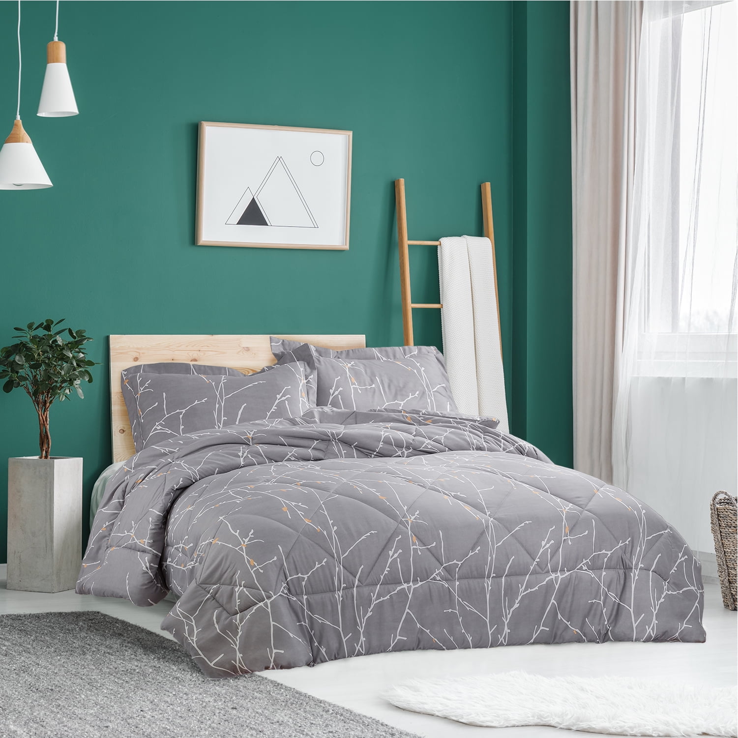 Bedsure 3 Piece Tree Branch Floral Comforter Set King Size Grey