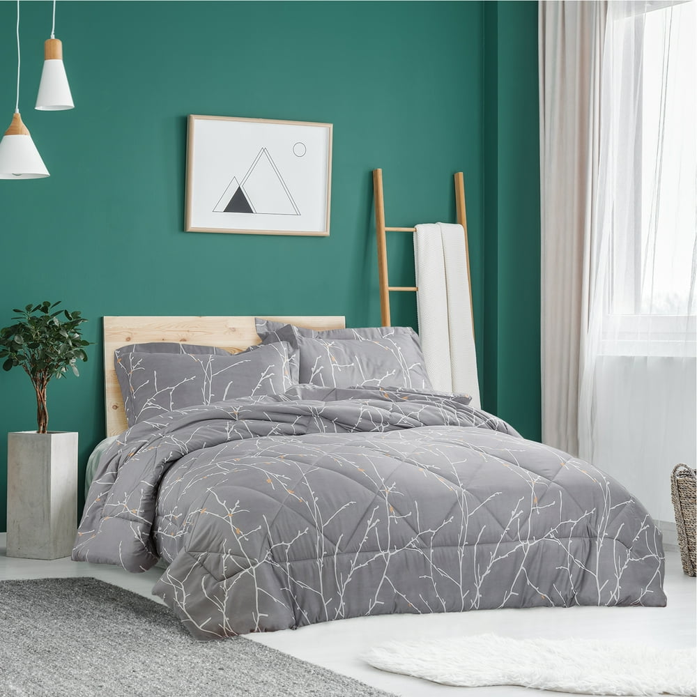 Bedsure 3 Piece Tree Branch Floral Comforter Set King Size Grey Down