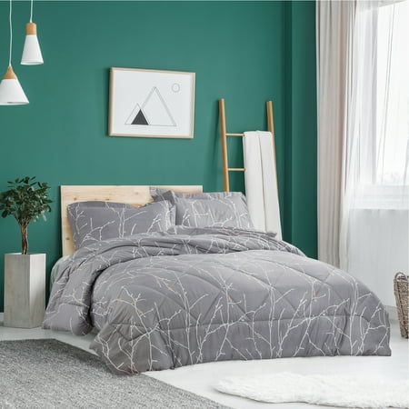 Bedsure 3 Piece Tree Branch Floral Comforter Set King Size Grey