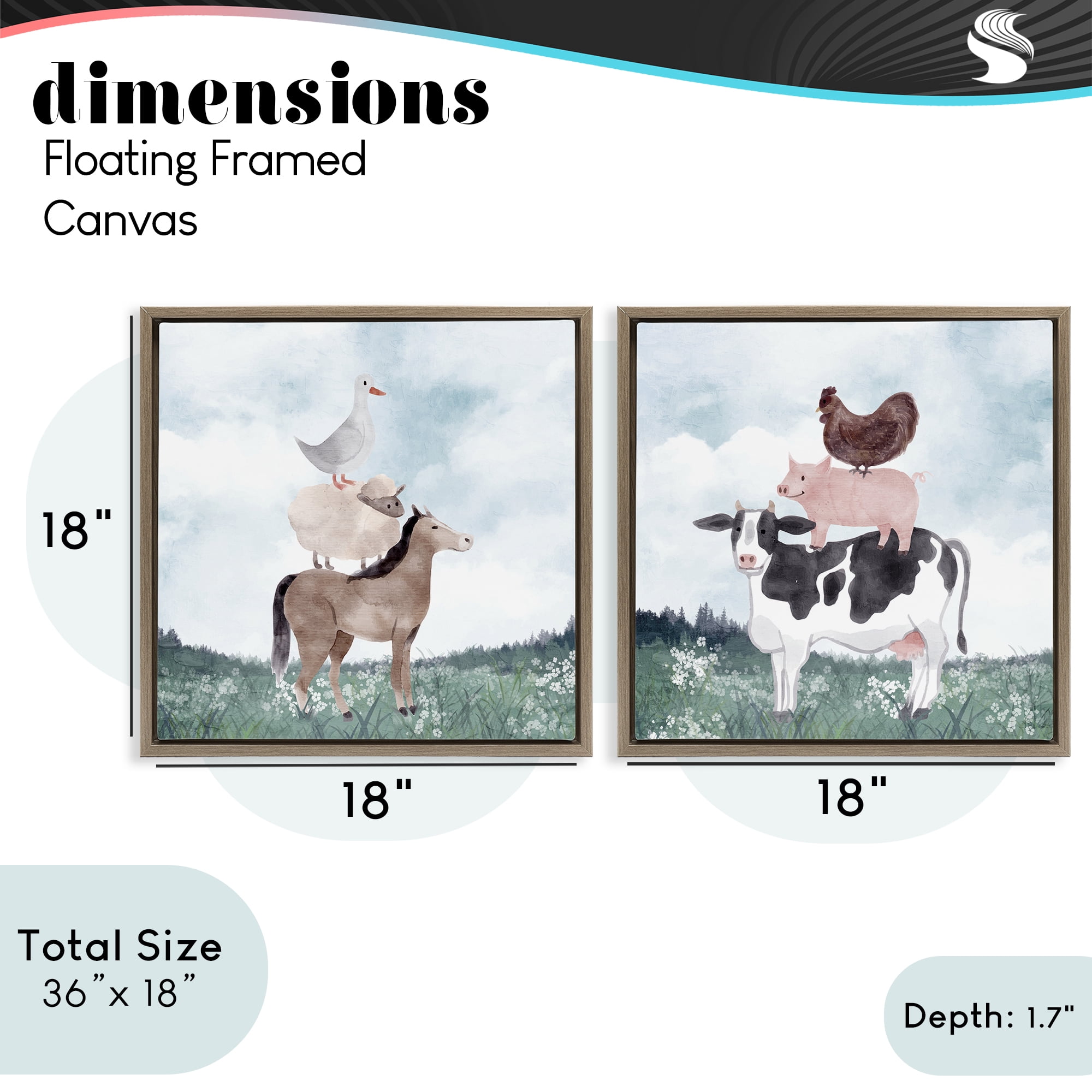 Stupell Industries Stacked Animals Blue Sky Farm 2 Piece Brown Framed Floater Canvas Set, design by Kim Allen