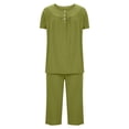 thumbnail image 2 of Jalioing Short Sleeve Pajama Set for Women 2 Piece Pleated Crew Neck Top and Capris Set Comfy Lounge Set with Pocket, 2 of 5