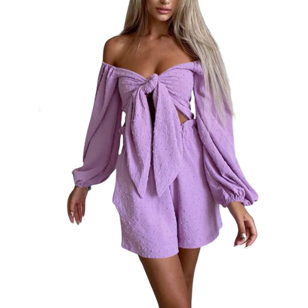 Sunloudy Traje casual para mujer, blusas cortas de manga larga con hombros descubiertos de color sólido + pantalones cortos sueltos con volantes Sunloudy moda