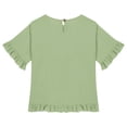 thumbnail image 4 of Faraee Cotton Linen Shirts for Girls 2026 3/4 Sleeve Ruffle Hem Oversized Blouse Kids Loose Fit Crewneck Tops for Summer Beach Vacation 5-15 Years Green, 4 of 6