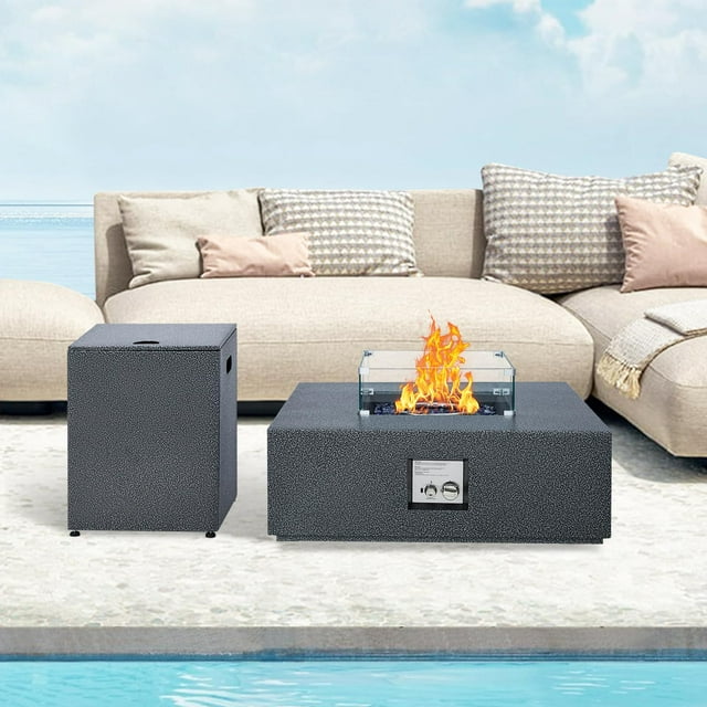 GloryStar 36inch Outdoor Propane Fire Pit Table, 50,000 BTU, Includes Wind Guard, Removable Lid, Side Table, Lava Stones & Protective Rain Cover