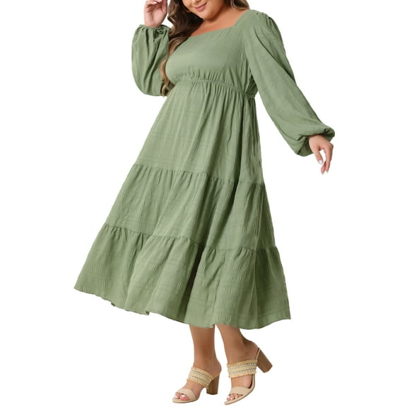 DARING DIVA Plus Size Casual Midi Square Neck Long SleeveTiered Dress 1X Green