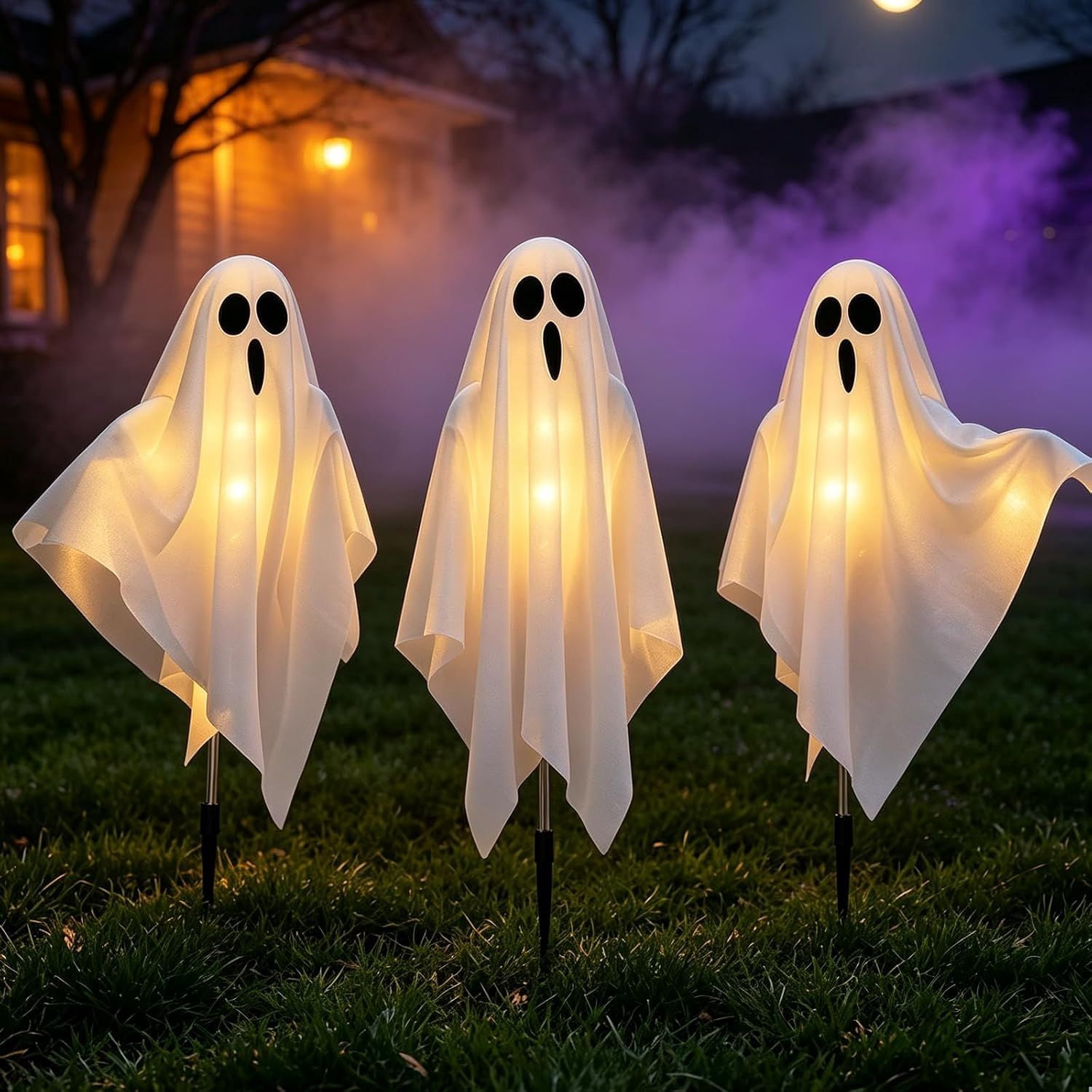 Solar Halloween Ghost Decorations, 3-Piece Outdoor Light Set with 8 Lighting Modes, Bendable Arms, Auto On/Off, 37.5 x 25.6 in