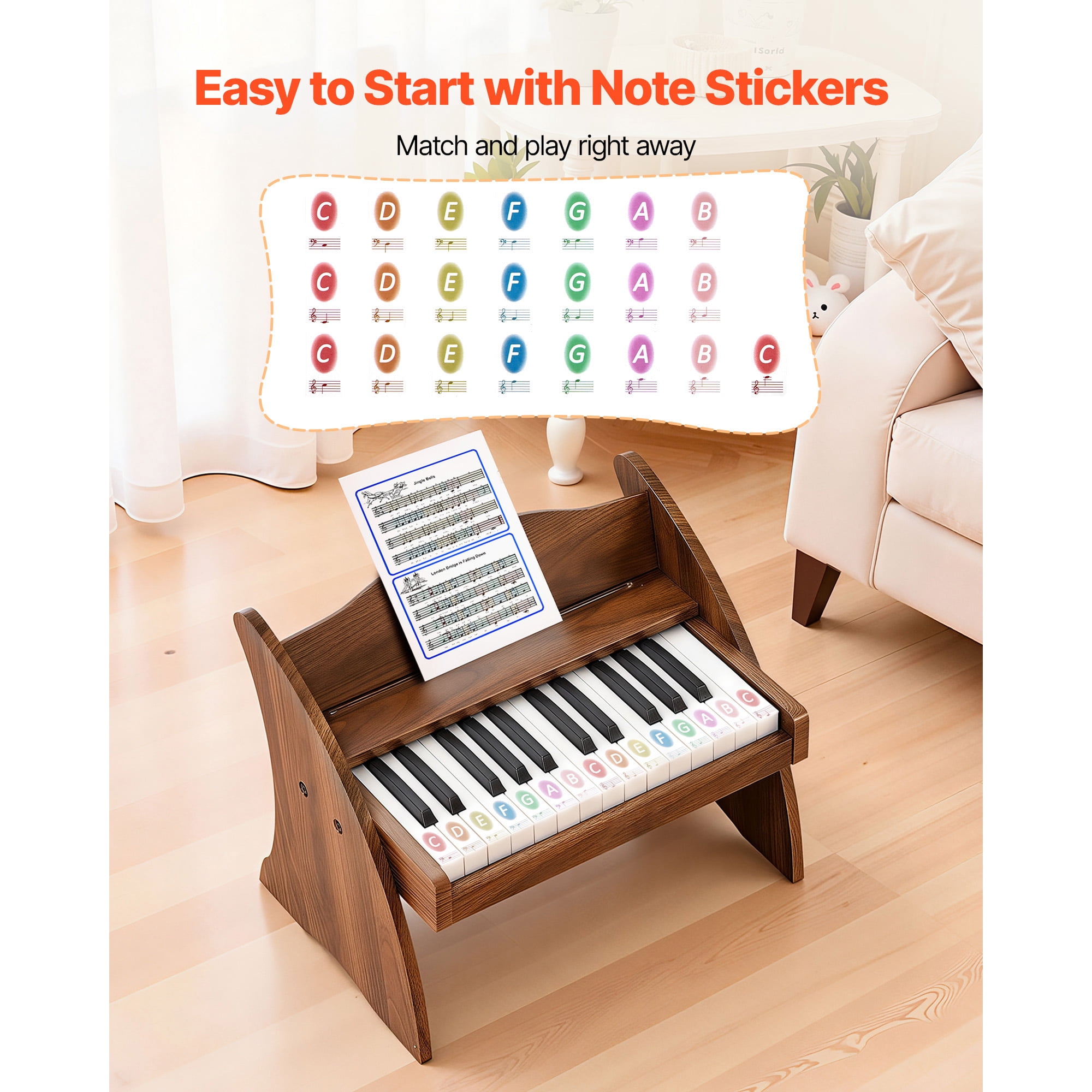 KFFKFF 25-Key Wooden Digital Piano for Kids, Mini Educational Music Instrument with Realistic Sound, Dual Power Options, Adjustable Volume, Ideal for Toddlers and Children, Walnut Finish
