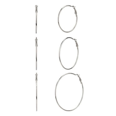 Time and Tru Adult Female 3 Pair Silver Tone Metal Hoop Earring Set- No Stones